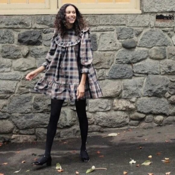 NWT DÔEN Bromley Silk Tent Dress Plaid Ruffle Babydoll Mini Size XS - Picture 2 of 8